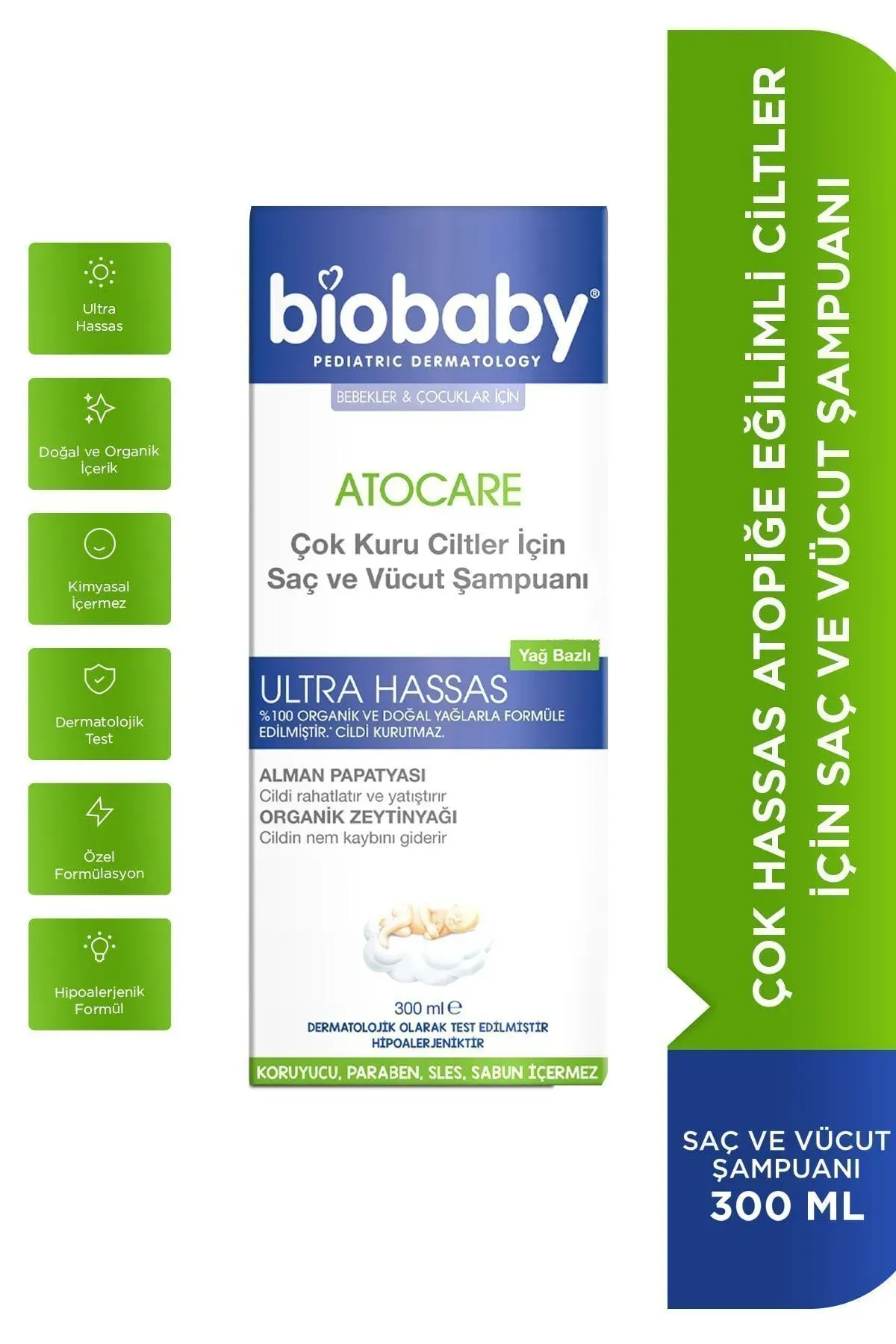 Biobaby Atocare Çok Kuru Ciltler İçin Saç Ve Vücut Şampuanı 300 ml - Organik Zeytin Yağı Alman Papatyası