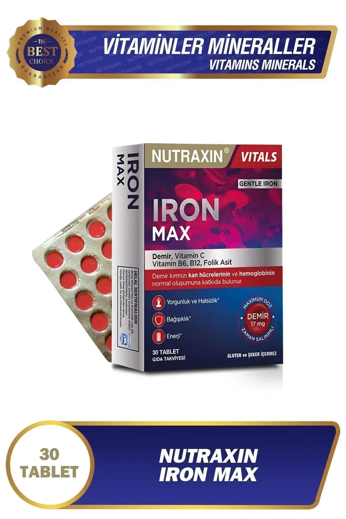 Nutraxin Iron Max 17 Mg 30 Tablet, 4 'lü Set - Demir, C Vitamini, B6 Vitamini, Folik Asit, B12