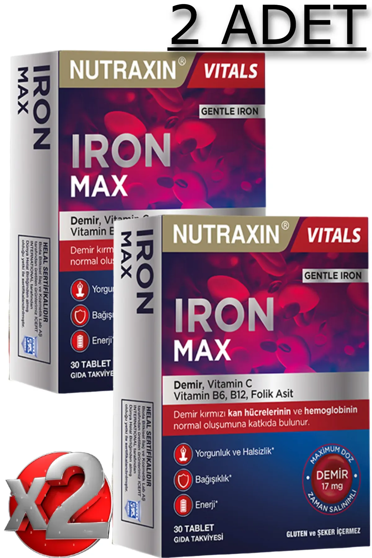 Nutraxin 2 Adet Nutraxin Iron Max 30 Adet Tablet - (Demir, Vitamin C, B6, Folik Asit, B12)